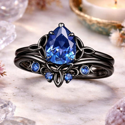 Celtic Knot & Triple Moon Wiccan Ring – 925 Sterling Silver Black Plated Pear Blue Cubic Zirconia Pagan Jewelry-MoonChildWorld