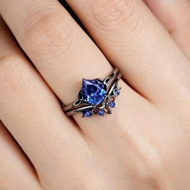 Celtic Knot & Triple Moon Wiccan Ring – 925 Sterling Silver Black Plated Pear Blue Cubic Zirconia Pagan Jewelry-MoonChildWorld