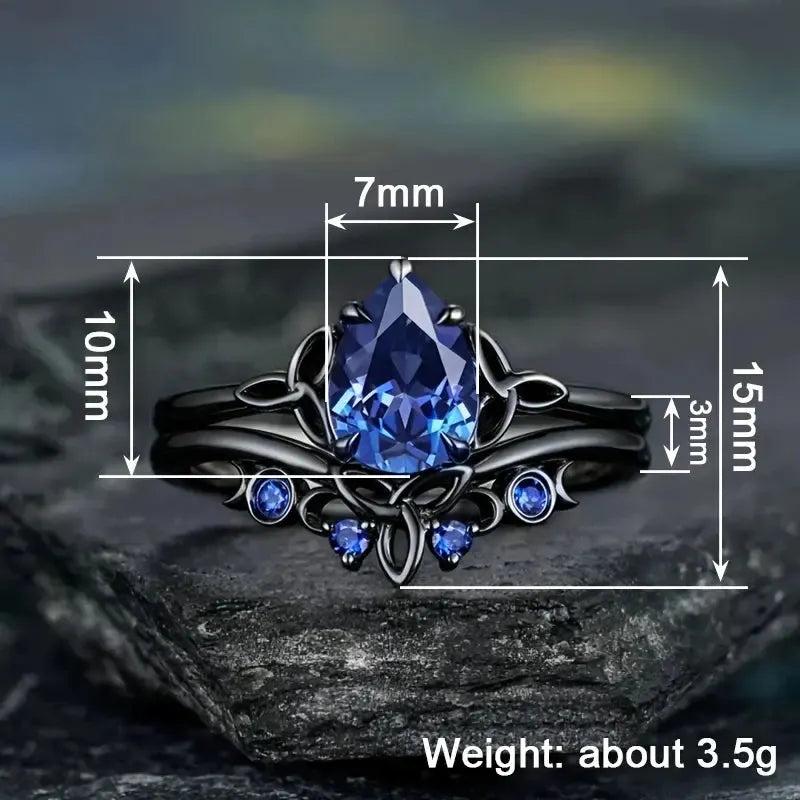 Celtic Knot & Triple Moon Wiccan Ring – 925 Sterling Silver Black Plated Pear Blue Cubic Zirconia Pagan Jewelry-MoonChildWorld