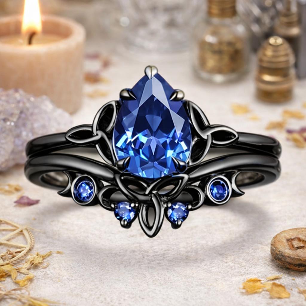 Celtic Knot & Triple Moon Wiccan Ring – 925 Sterling Silver Black Plated Pear Blue Cubic Zirconia Pagan Jewelry-MoonChildWorld