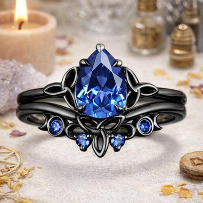 Celtic Knot & Triple Moon Wiccan Ring – 925 Sterling Silver Black Plated Pear Blue Cubic Zirconia Pagan Jewelry-MoonChildWorld