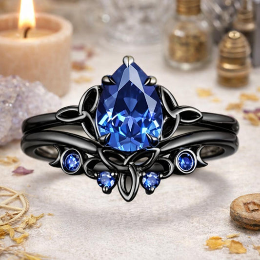 Celtic Knot & Triple Moon Wiccan Ring – 925 Sterling Silver Black Plated Pear Blue Cubic Zirconia Pagan Jewelry-MoonChildWorld