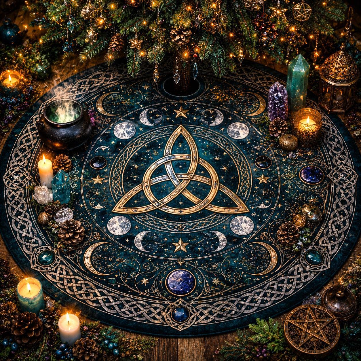 Decorative yule tree skirt with astrological symbols, candles, and crystals under a Christmas tree.