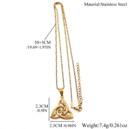 Size and material spec chart of gold Celtic triquetra trinity knot necklace - stainless steel, 50+5cm/19.69+1.97in chain, 2.3x2.5cm pendant, 7.4g weight
