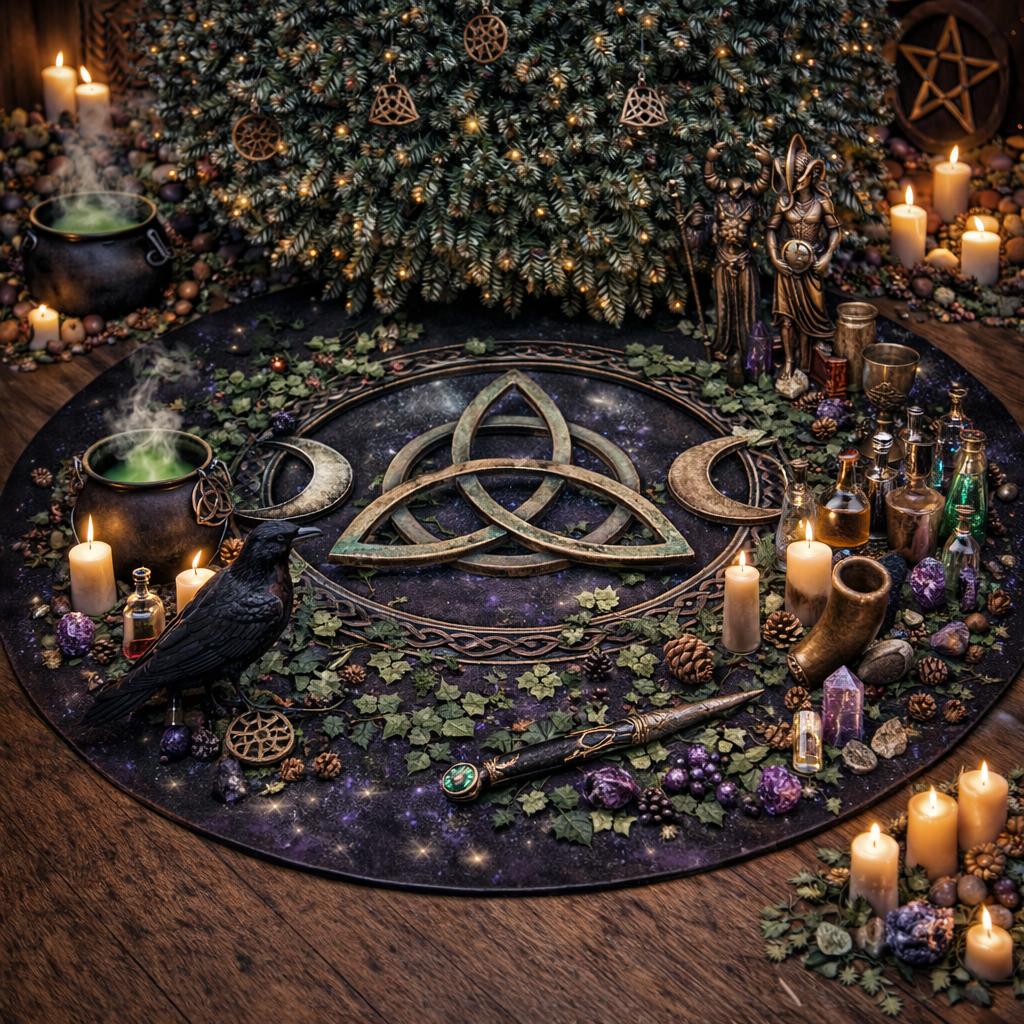 Dark velvet tree skirt with a central bronze Celtic Triquetra, crescent moons, ivy, and a raven, surrounded by candles and witchy decor.