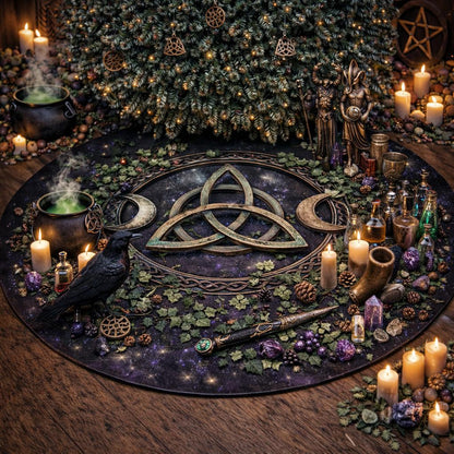 Dark velvet tree skirt with a central bronze Celtic Triquetra, crescent moons, ivy, and a raven, surrounded by candles and witchy decor.