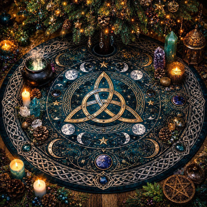 Decorative yule tree skirt with astrological symbols, candles, and crystals under a Christmas tree.