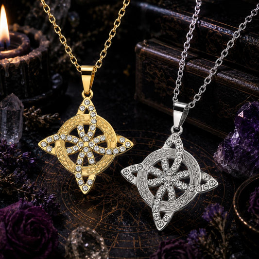 Two witch knot necklaces, one gold and one silver, on chains against a mystical background with candles and crystals.