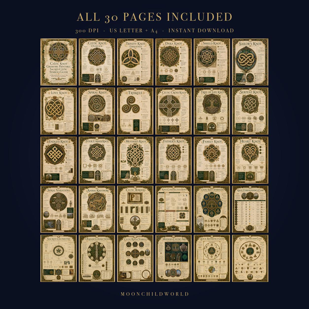 Thirty pages of Celtic knot illustrations on aged vellum with gold and green ink, featuring symbols, meanings, and knotwork guides.