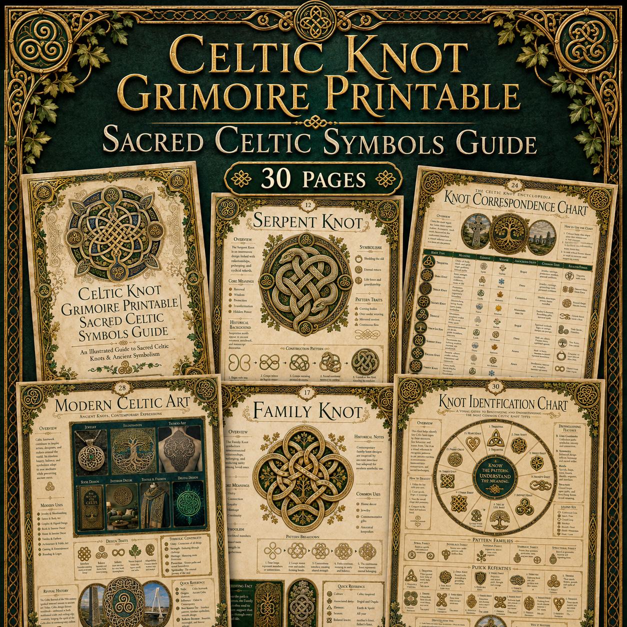 Printable Celtic Knot Grimoire pages featuring gold and green knotwork illustrations on aged vellum-style paper.