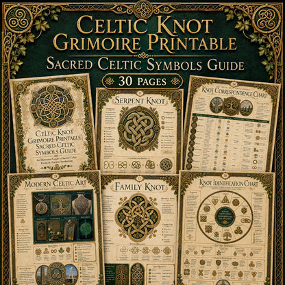 Printable Celtic Knot Grimoire pages featuring gold and green knotwork illustrations on aged vellum-style paper.