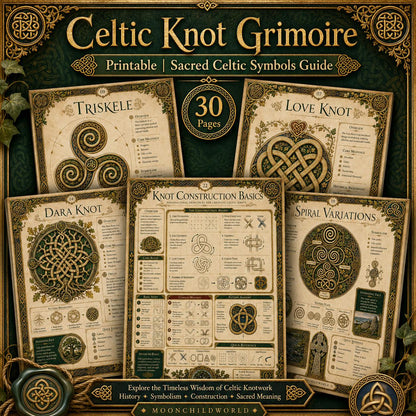 Printable Celtic Knot Grimoire pages featuring gold and green knotwork illustrations on aged vellum-style paper.