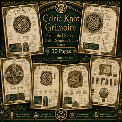 Five pages from a Celtic Knot Grimoire featuring gold and green illuminated manuscript designs on aged vellum paper.