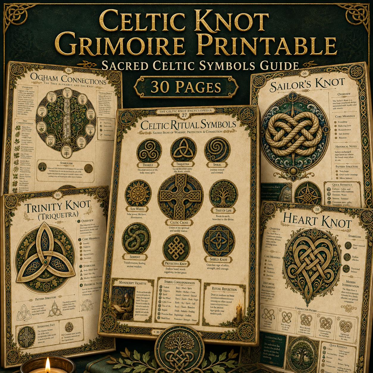 Thirty pages of Celtic knot grimoire printables featuring gold and green illuminated manuscript designs on aged vellum paper.