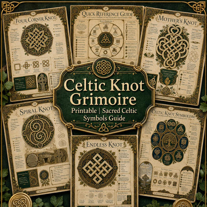 Printable Celtic Knot Grimoire pages featuring gold and green knotwork illustrations on aged vellum paper backgrounds.