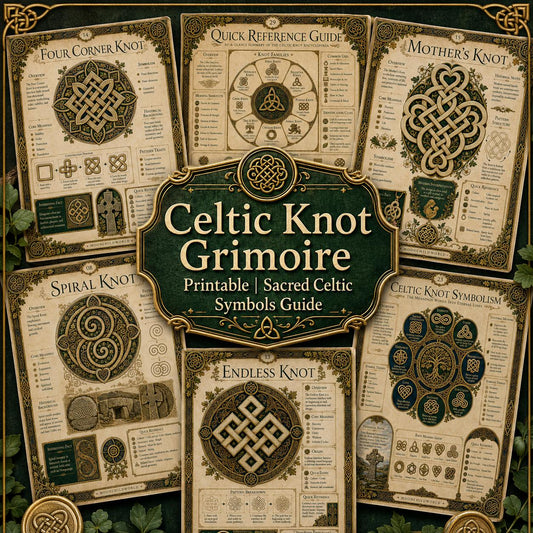 Printable Celtic Knot Grimoire pages featuring gold and green knotwork illustrations on aged vellum paper backgrounds.