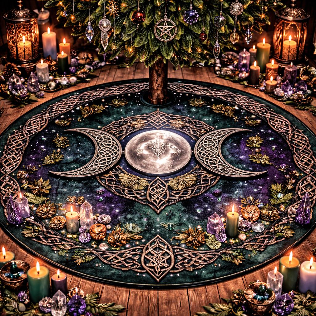Dark velvet Celtic moon Yule tree skirt with Triple Moon, stars, and knotwork, surrounded by candles and crystals.