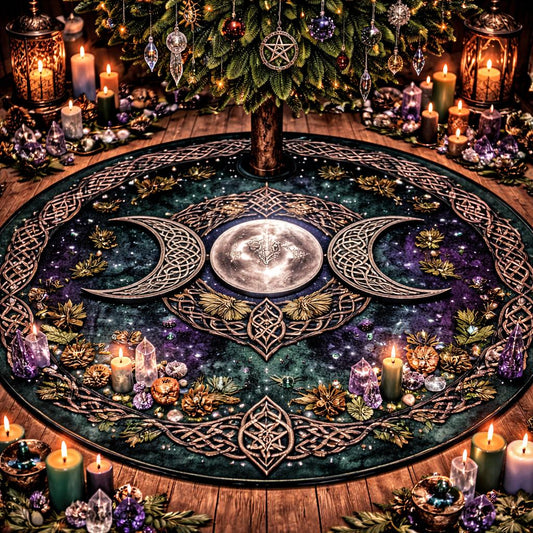 Dark velvet Celtic moon Yule tree skirt with Triple Moon, stars, and knotwork, surrounded by candles and crystals.