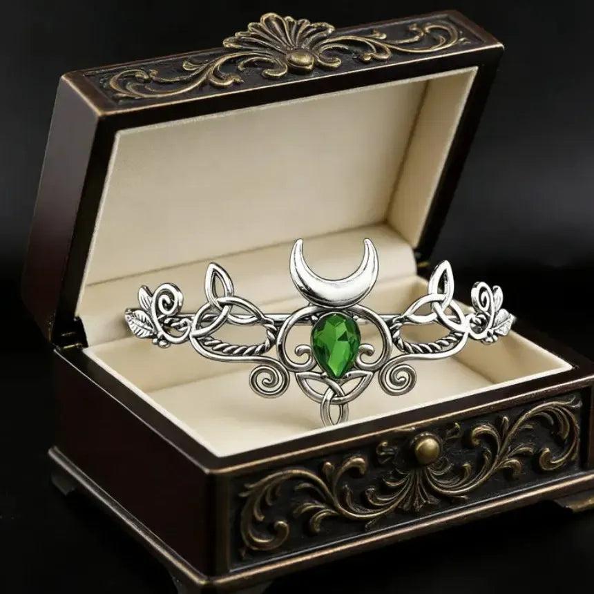 Celtic Moon Tiara Vintage Witch Elven Crystal Leaf Pagan Goddess Hair Crown-MoonChildWorld