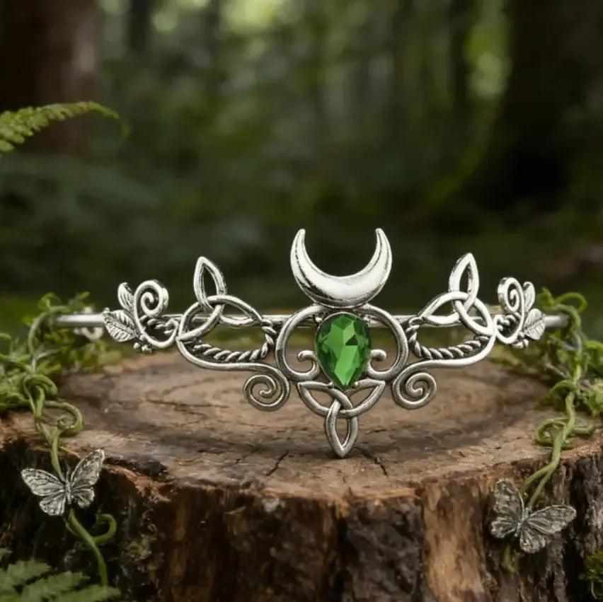 Celtic Moon Tiara Vintage Witch Elven Crystal Leaf Pagan Goddess Hair Crown-MoonChildWorld