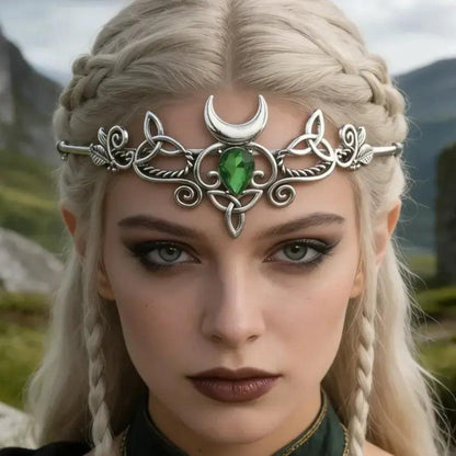Celtic Moon Tiara Vintage Witch Elven Crystal Leaf Pagan Goddess Hair Crown-MoonChildWorld
