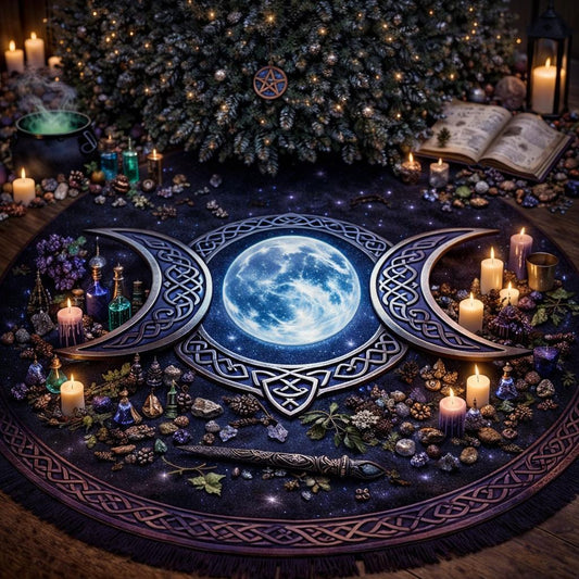 Dark Solstice Celtic Moon Triple Tree Skirt: black velvet with glowing blue moon and silver Celtic knotwork.