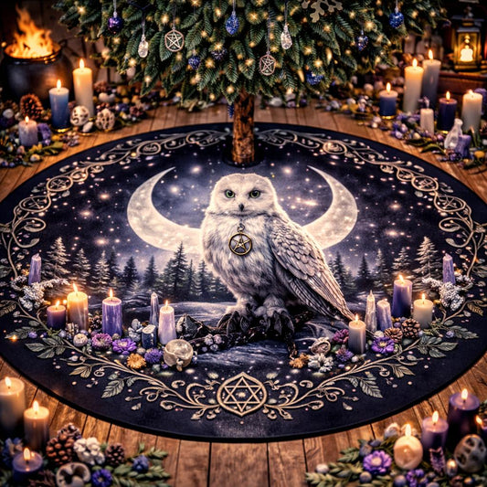 Dark Gothic velvet tree skirt with a white owl, moon phases, forest, and pentacle design.