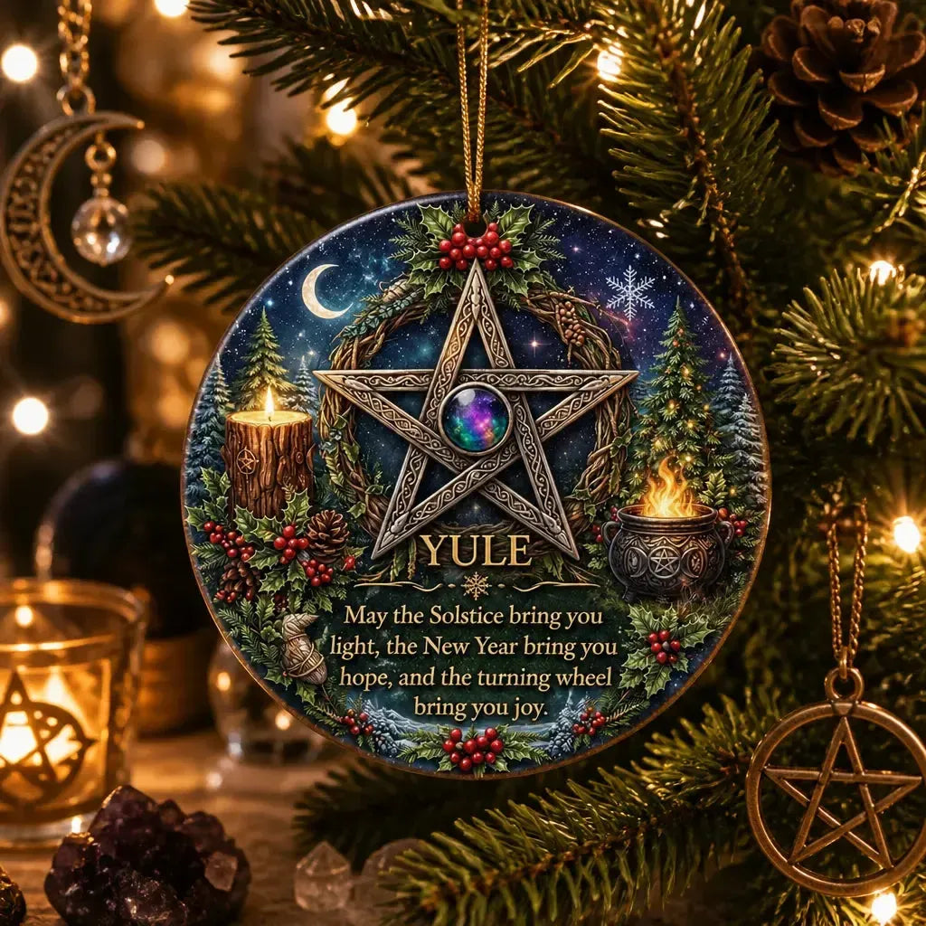 Celtic Pentacle Christmas Ceramic Ornament for Witch – Wicca Pagan Holiday Ornament_mockup_1.webp