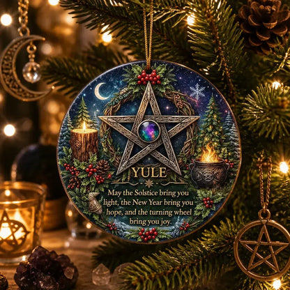 Celtic Pentacle Christmas Ceramic Ornament for Witch – Wicca Pagan Holiday Ornament_mockup_1.webp