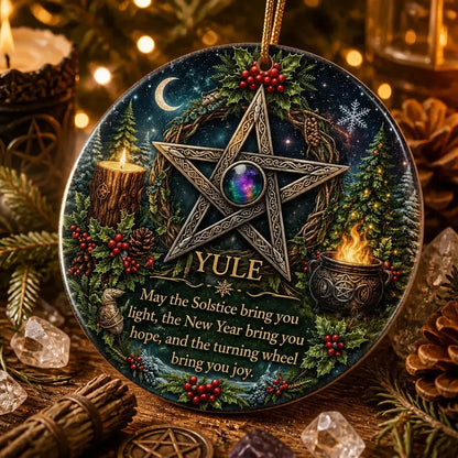 Celtic Pentacle Christmas Ceramic Ornament for Witch – Wicca Pagan Holiday Ornament_mockup_2.webp