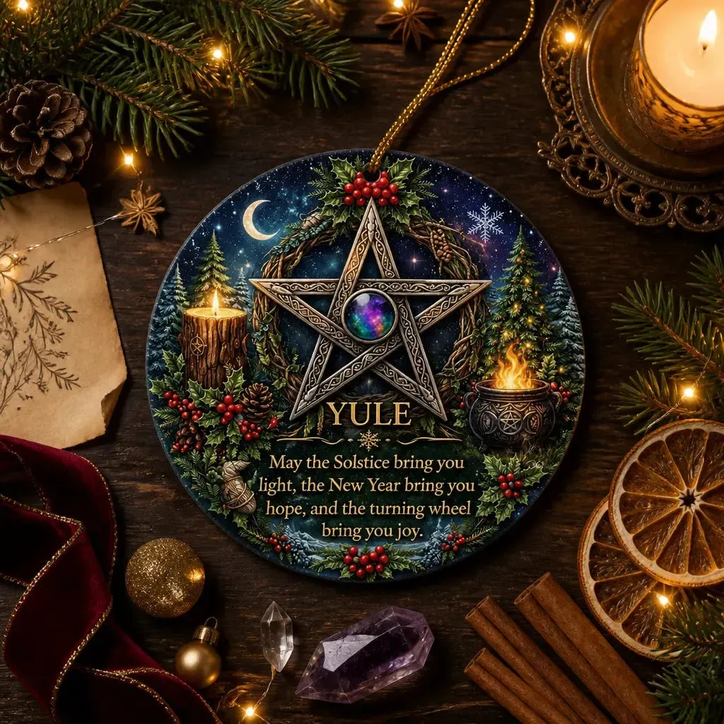 Celtic Pentacle Christmas Ceramic Ornament for Witch – Wicca Pagan Holiday Ornament_mockup_3.webp