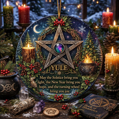 Round ceramic Yule ornament with a central Celtic pentacle, winter forest, candles, and "May the Solstice bring you light" text.