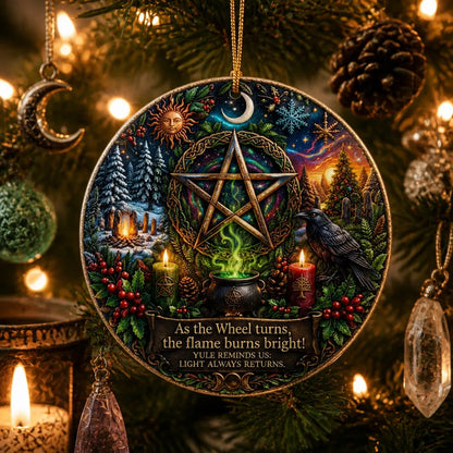 Celtic Pentacle Yule Ceramic Ornament with Raven – Wicca and Pagan Christmas Ornament_mockup_1.webp
