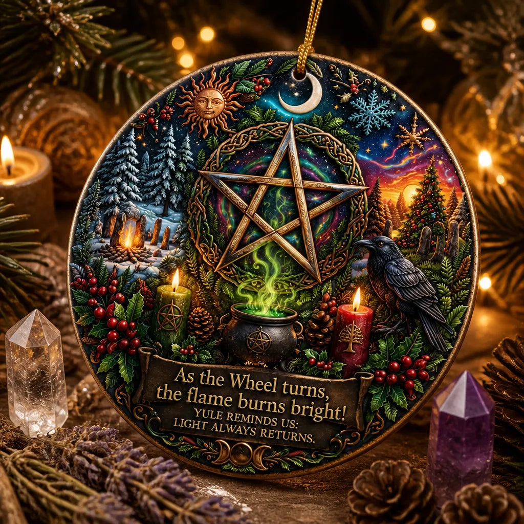 Celtic Pentacle Yule Ceramic Ornament with Raven – Wicca and Pagan Christmas Ornament_mockup_2.webp