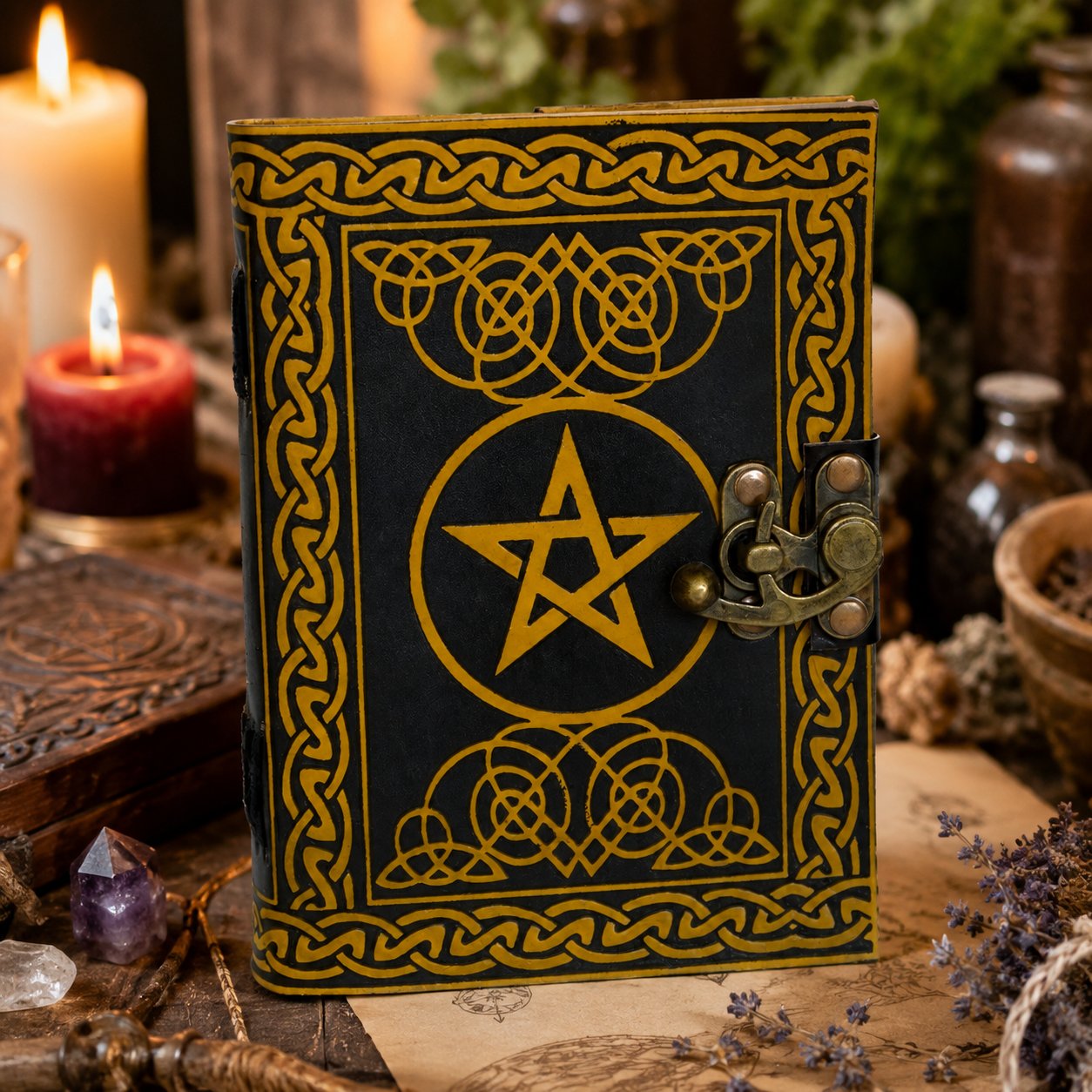 Celtic Pentagram Leather Journal – Handmade Book of Shadows Wiccan Grimoire – leather journal, back cover view