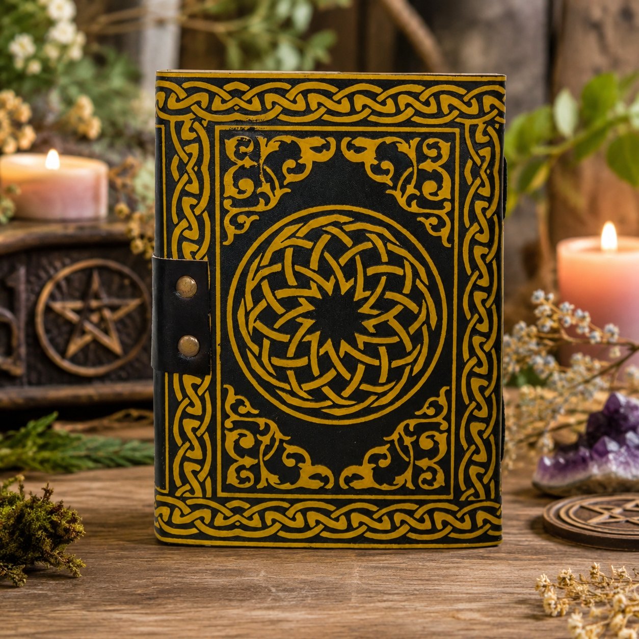 Celtic Pentagram Leather Journal – Handmade Book of Shadows Wiccan Grimoire – leather journal, open blank pages view