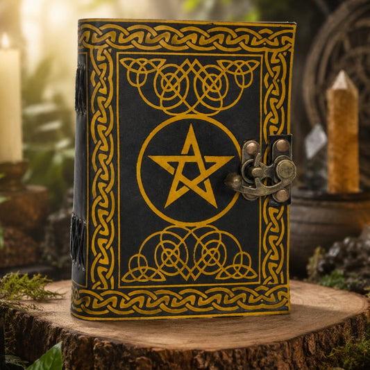 Celtic Pentagram Leather Journal – Handmade Book of Shadows Wiccan Grimoire – leather journal, front cover view