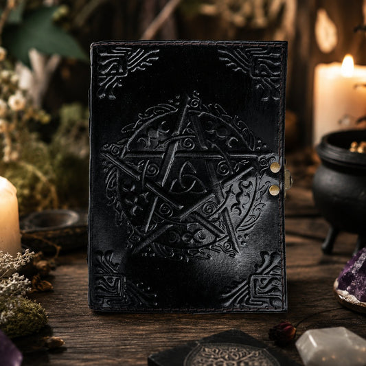 Celtic Pentagram Leather Journal – Handmade Witch Grimoire Book of Shadows – leather journal, back cover view