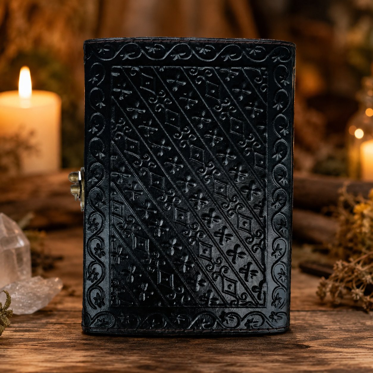 Celtic Pentagram Leather Journal – Handmade Witch Grimoire Book of Shadows – leather journal, open blank pages view