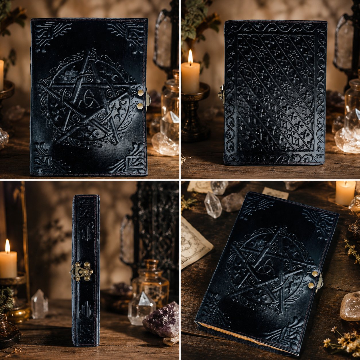 Celtic Pentagram Leather Journal – Handmade Witch Grimoire Book of Shadows – leather journal, close-up cover detail