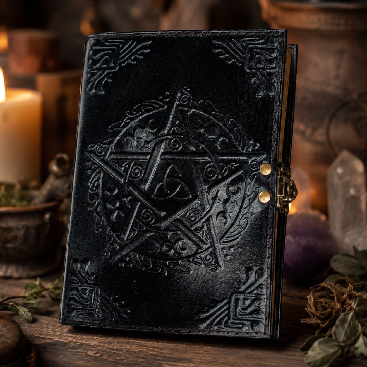 Celtic Pentagram Leather Journal – Handmade Witch Grimoire Book of Shadows – leather journal, front cover view