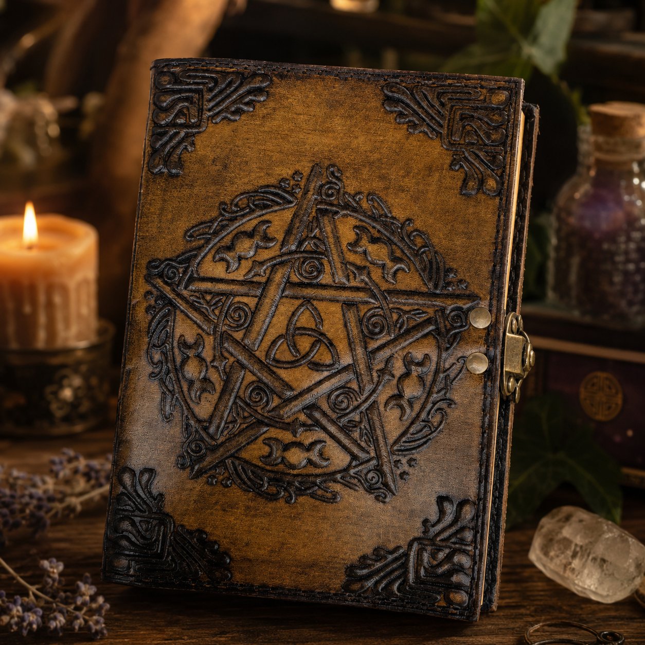 Celtic Pentagram Leather Journal – Vintage Handmade Pagan Grimoire Deckle Pages – leather journal, back cover view
