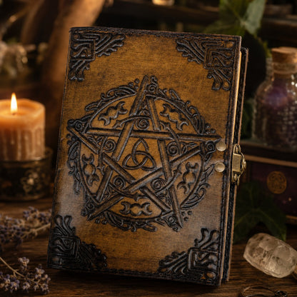 Celtic Pentagram Leather Journal – Vintage Handmade Pagan Grimoire Deckle Pages – leather journal, back cover view