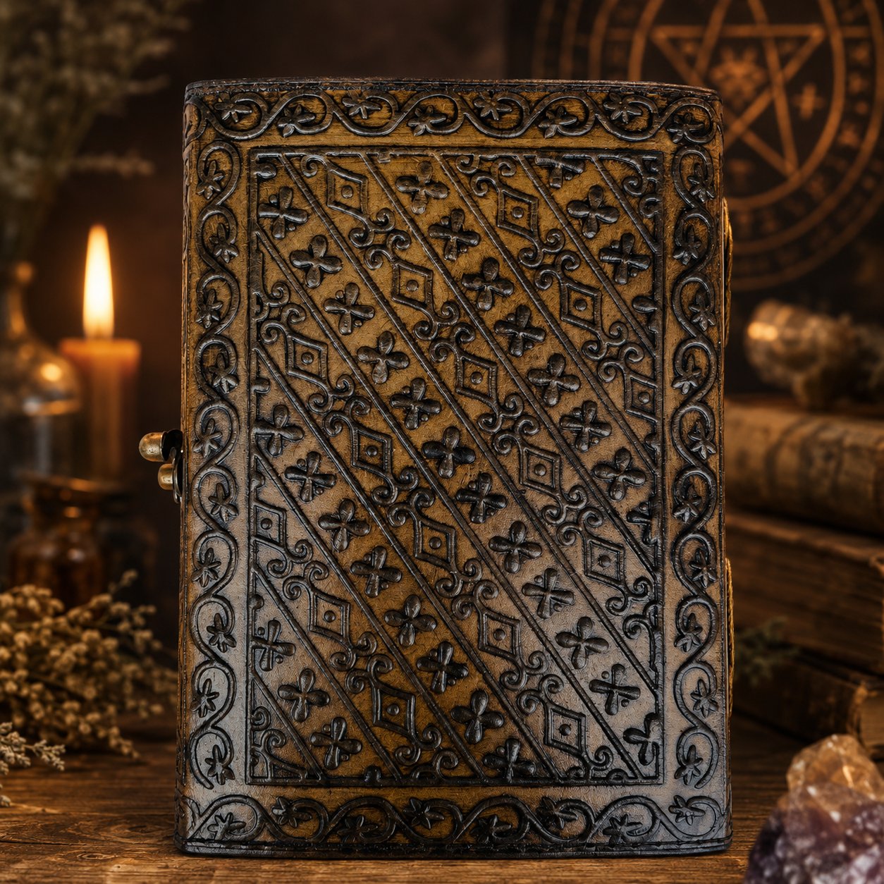 Celtic Pentagram Leather Journal – Vintage Handmade Pagan Grimoire Deckle Pages – leather journal, open blank pages view