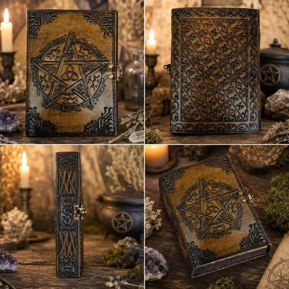 Celtic Pentagram Leather Journal – Vintage Handmade Pagan Grimoire Deckle Pages – leather journal, close-up cover detail