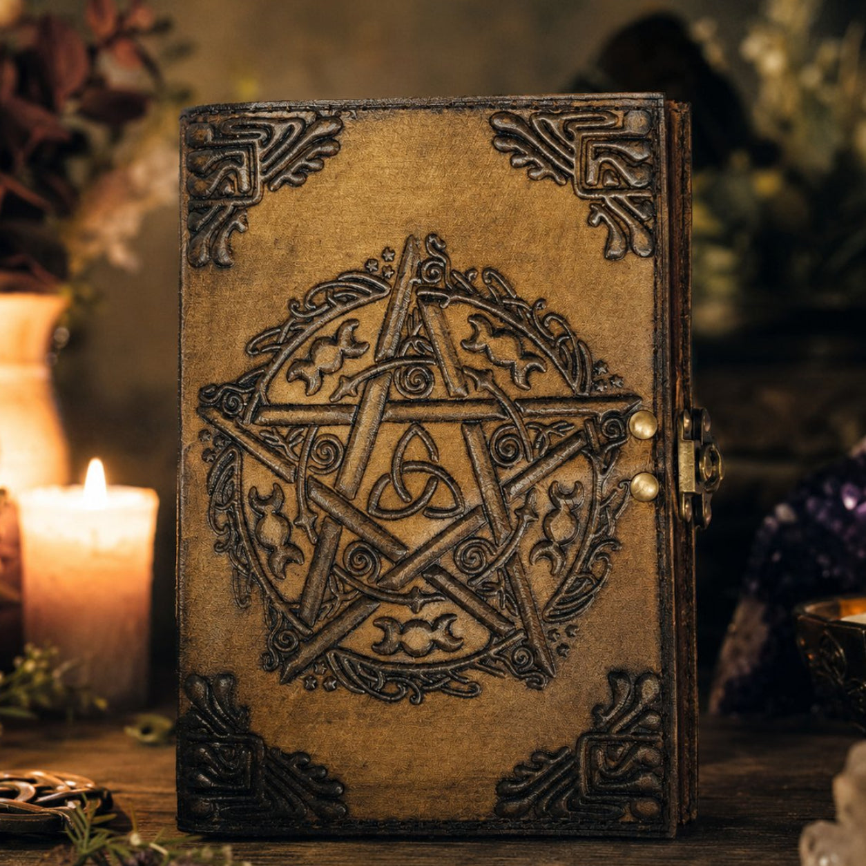 Celtic Pentagram Leather Journal – Vintage Handmade Pagan Grimoire Deckle Pages – leather journal, front cover view