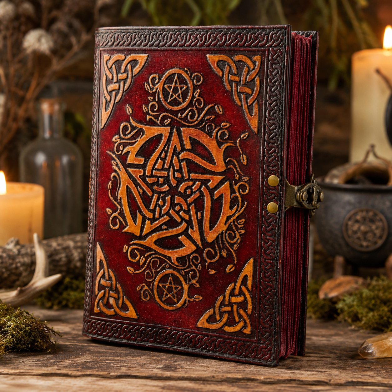 Celtic Pentagram Leather Journal – Vintage Handmade Wiccan Book of Shadows – leather journal, open blank pages view