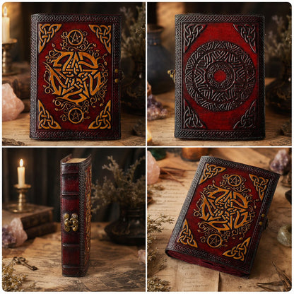 Celtic Pentagram Leather Journal – Vintage Handmade Wiccan Book of Shadows – leather journal, close-up cover detail