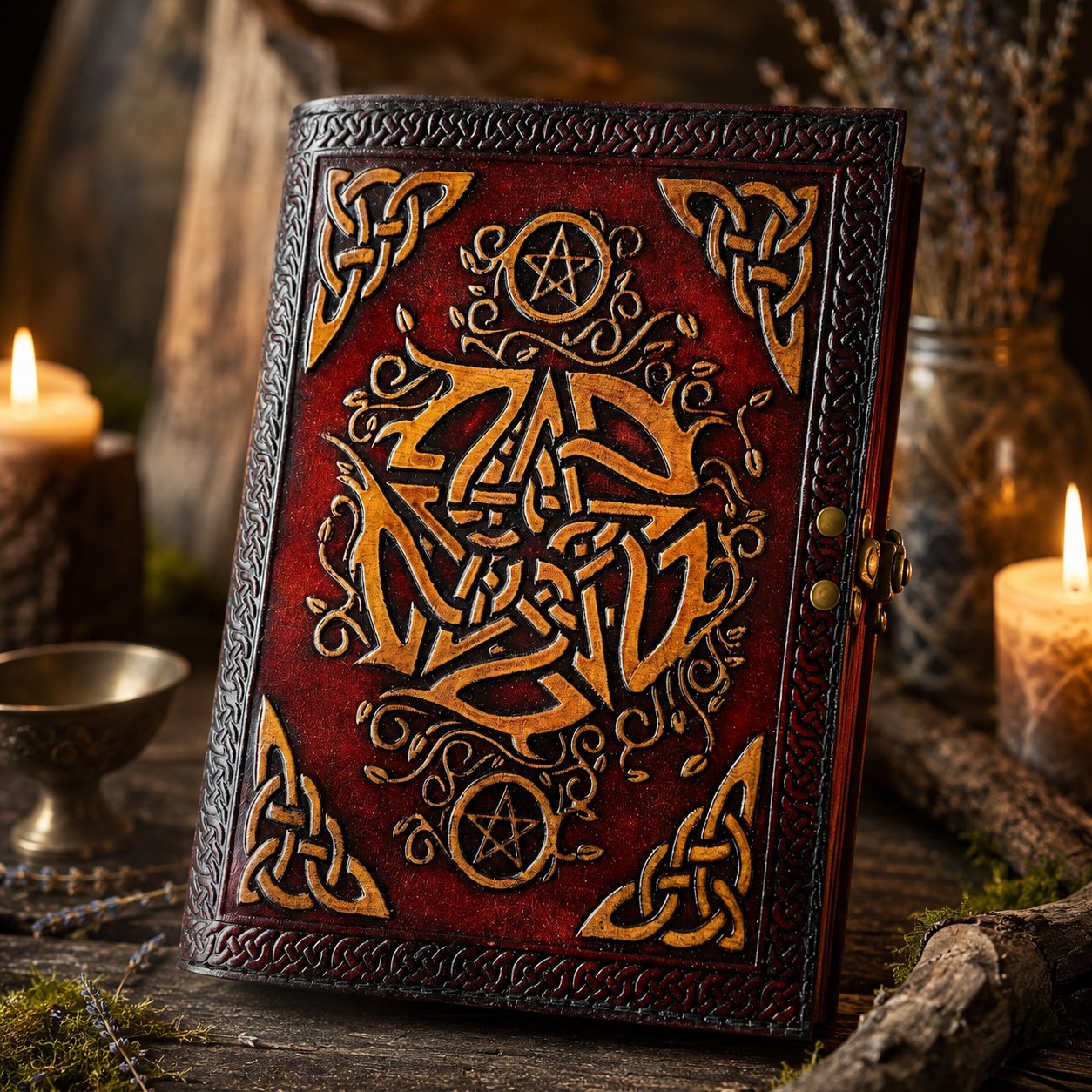 Celtic Pentagram Leather Journal – Vintage Handmade Wiccan Book of Shadows – leather journal, front cover view