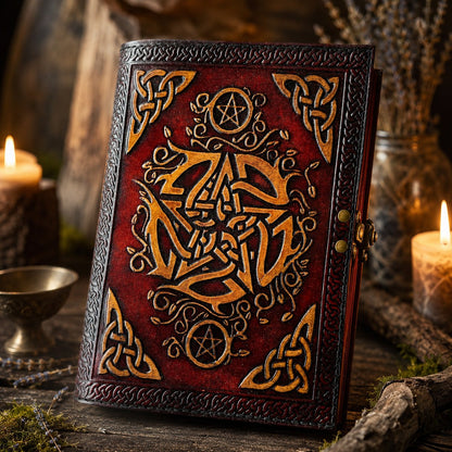 Celtic Pentagram Leather Journal – Vintage Handmade Wiccan Book of Shadows – leather journal, front cover view